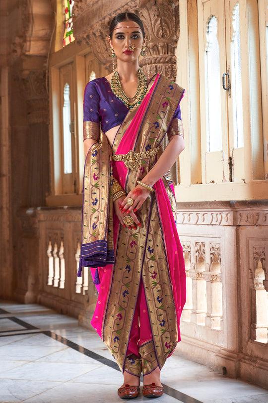 Pink Paithani Silk Saree With Blouse Piece