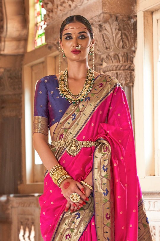 Pink Paithani Silk Saree With Blouse Piece
