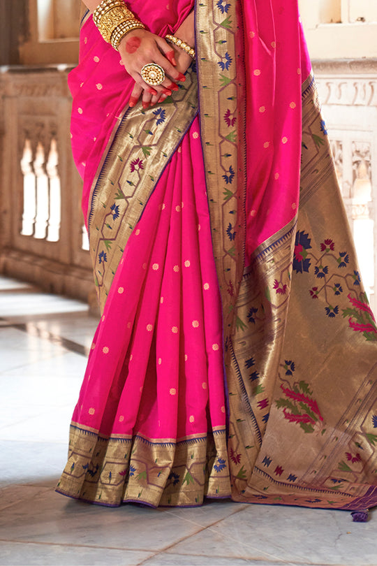 Pink Paithani Silk Saree With Blouse Piece