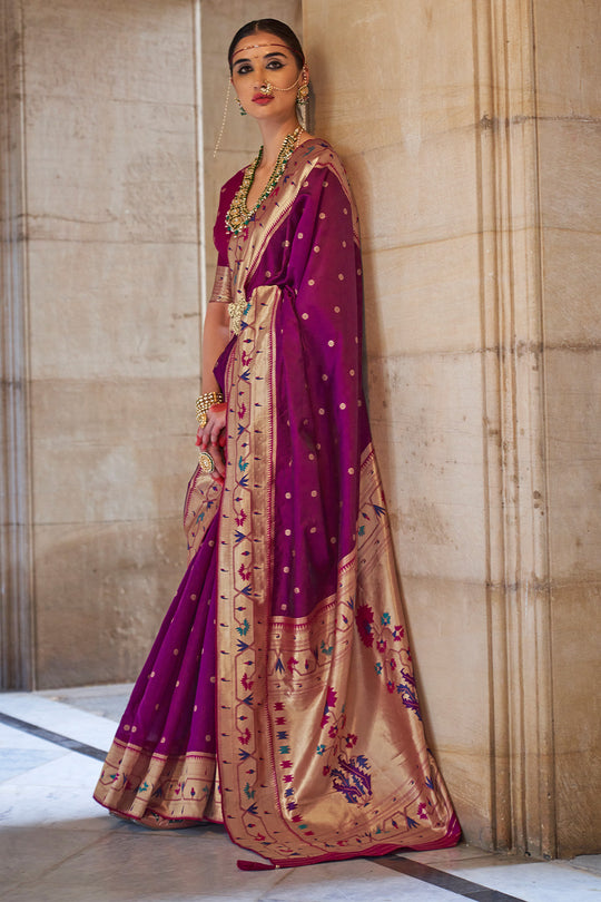 Mulberry Wood Purple Paithani Silk Saree With Blouse Piece