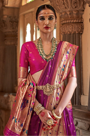 Mulberry Wood Purple Paithani Silk Saree With Blouse Piece