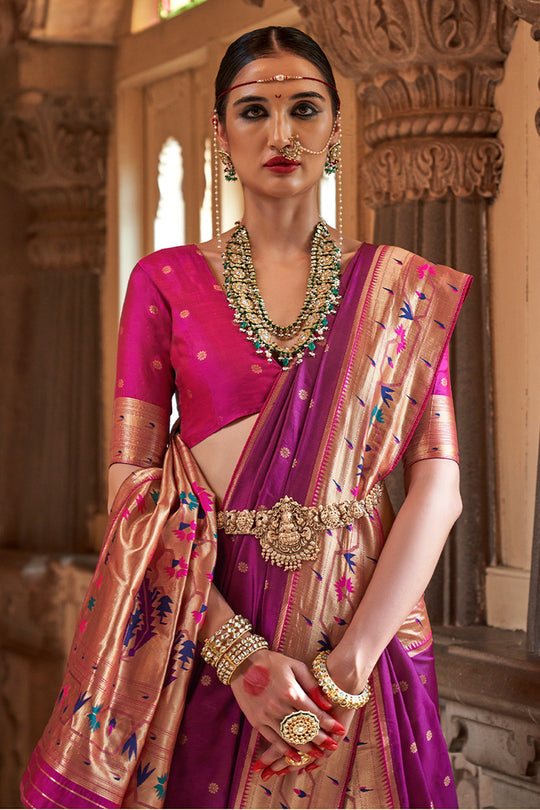 Mulberry Wood Purple Paithani Silk Saree With Blouse Piece