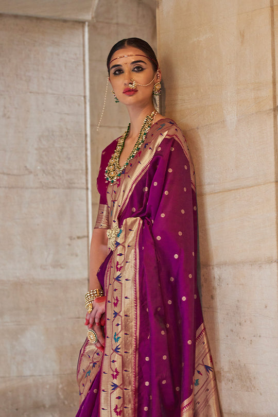 Mulberry Wood Purple Paithani Silk Saree With Blouse Piece