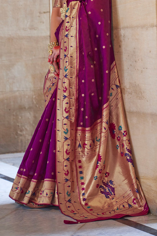 Mulberry Wood Purple Paithani Silk Saree With Blouse Piece