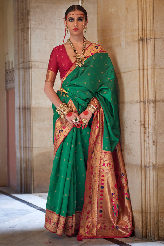 Green Paithani Silk Saree With Blouse Piece