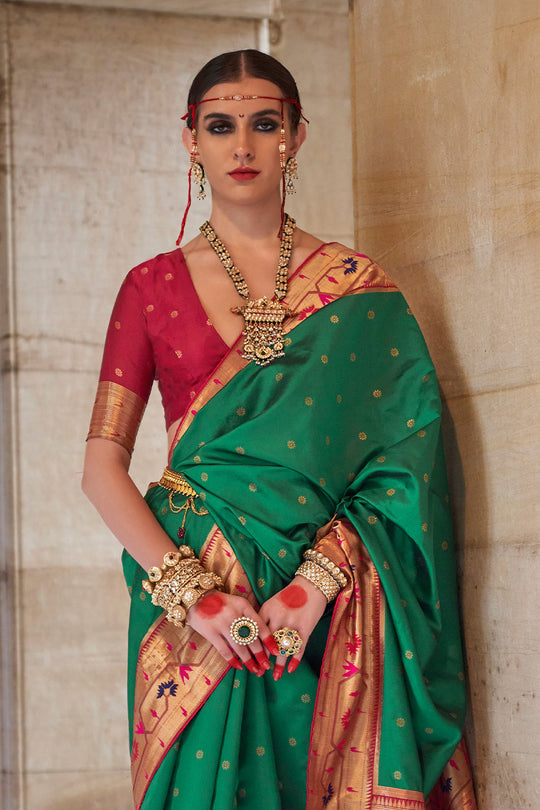 Green Paithani Silk Saree With Blouse Piece