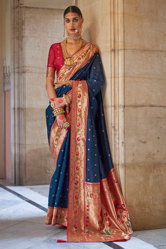 Navy Blue Paithani Silk Saree With Blouse Piece