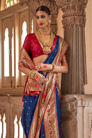 Navy Blue Paithani Silk Saree With Blouse Piece
