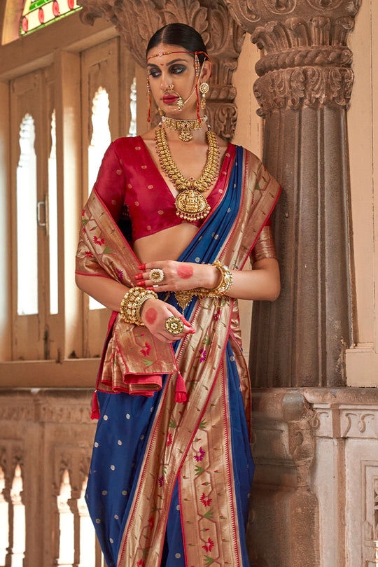 Navy Blue Paithani Silk Saree With Blouse Piece