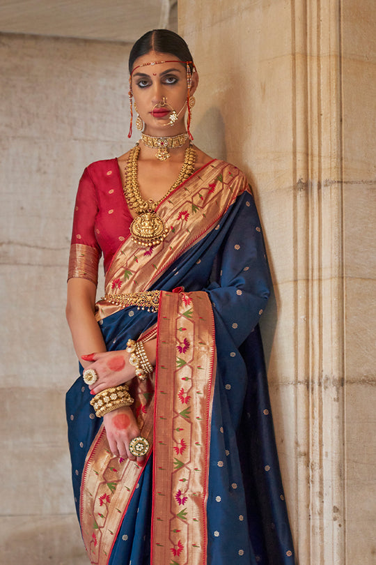 Navy Blue Paithani Silk Saree With Blouse Piece