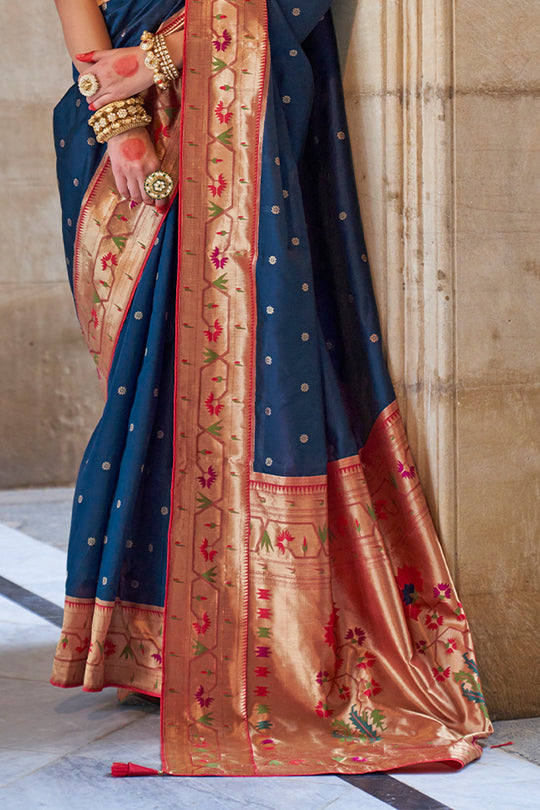 Navy Blue Paithani Silk Saree With Blouse Piece