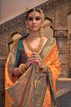 Carrot Orange Banarasi Silk Saree With Blouse Piece