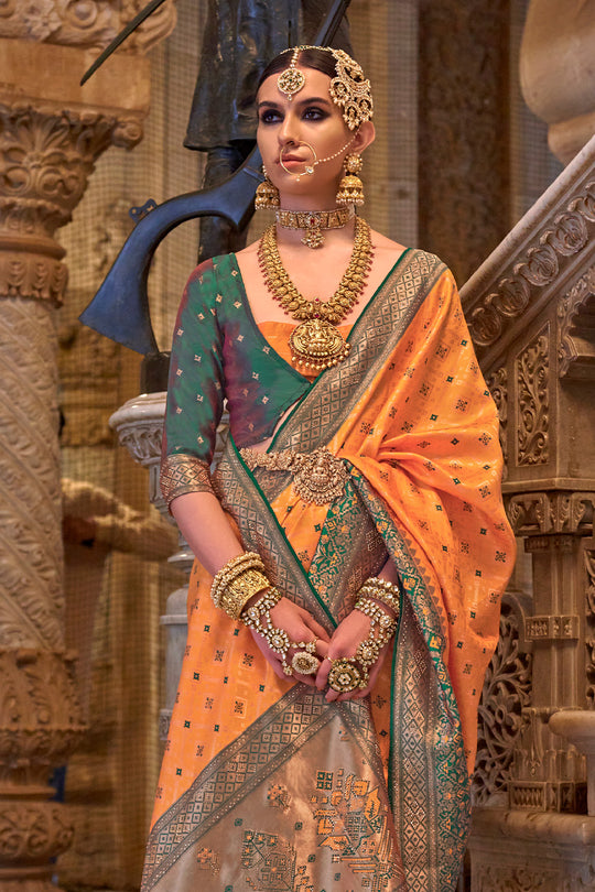 Carrot Orange Banarasi Silk Saree With Blouse Piece