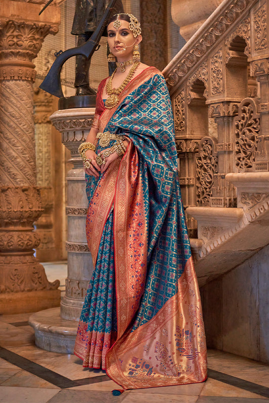 Peacock Blue Banarasi Silk Saree With Blouse Piece