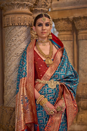 Peacock Blue Banarasi Silk Saree With Blouse Piece