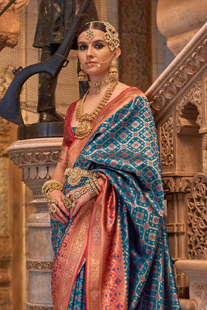 Peacock Blue Banarasi Silk Saree With Blouse Piece