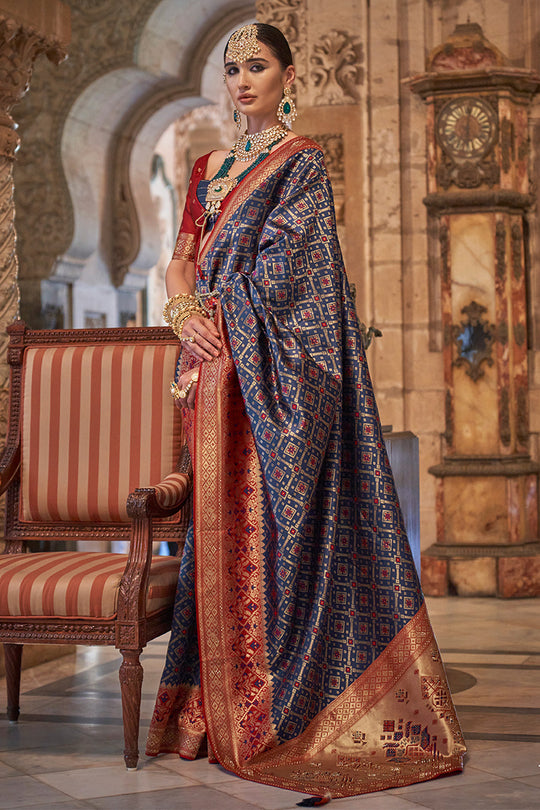 Navy Blue Banarasi Silk Saree With Blouse Piece