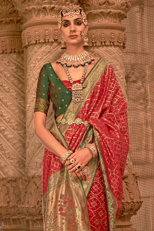 Red Banarasi Silk Saree With Blouse Piece