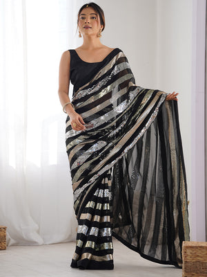 Black Georgette Embellished Sequined Saree Saree With Blouse Piece