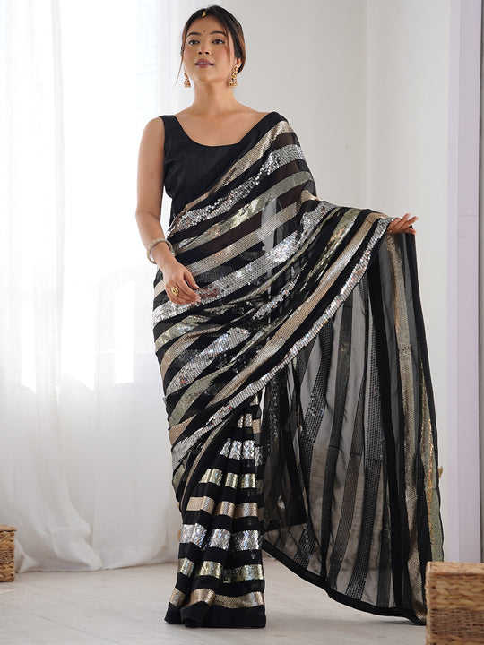 Black Georgette Embellished Sequined Saree Saree With Blouse Piece