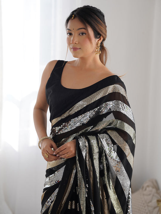Black Georgette Embellished Sequined Saree Saree With Blouse Piece