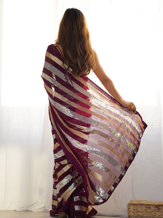 Maroon Georgette Embellished Sequined Saree Saree With Blouse Piece