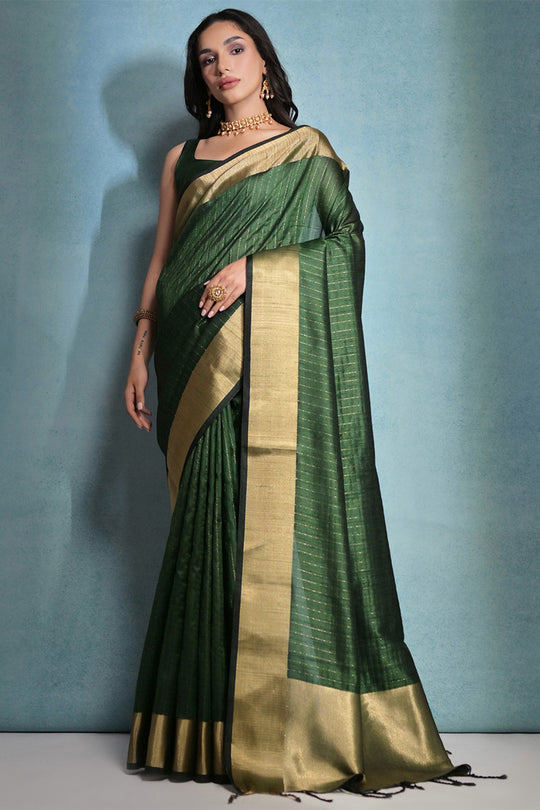 Green Silk Blend Saree With Blouse Piece
