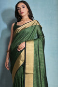 Green Silk Blend Saree With Blouse Piece