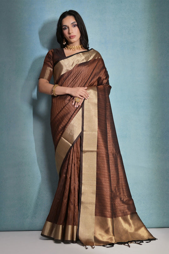 Coffee Brown Silk Blend Saree With Blouse Piece