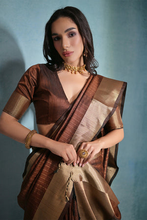 Coffee Brown Silk Blend Saree With Blouse Piece
