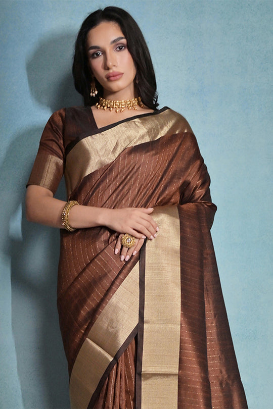 Coffee Brown Silk Blend Saree With Blouse Piece