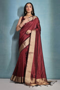 Maroon Silk Blend Saree With Blouse Piece