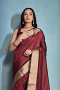 Maroon Silk Blend Saree With Blouse Piece