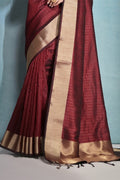 Maroon Silk Blend Saree With Blouse Piece