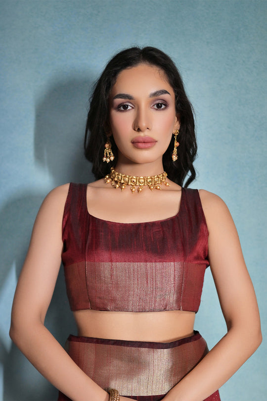 Maroon Silk Blend Saree With Blouse Piece