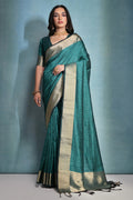 Teal Silk Blend Saree With Blouse Piece