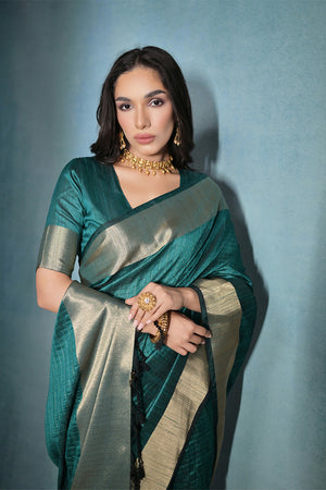 Teal Silk Blend Saree With Blouse Piece