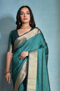 Teal Silk Blend Saree With Blouse Piece