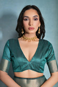 Teal Silk Blend Saree With Blouse Piece