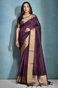 Maroon Silk Blend Saree With Blouse Piece