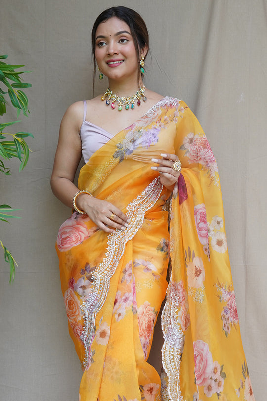 Mustard Yellow Organza Saree
