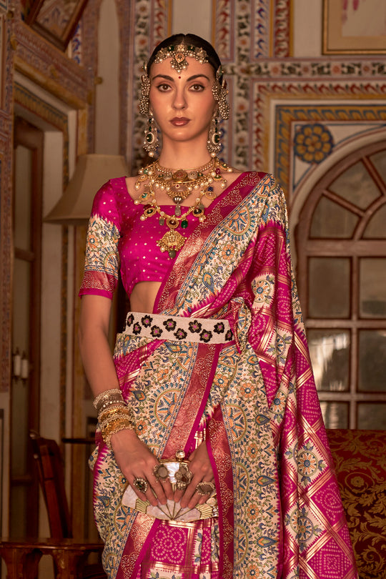 Strawberry Pink Digital Printed Zari Silk Saree With Blouse Piece