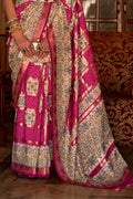 Strawberry Pink Digital Printed Zari Silk Saree With Blouse Piece