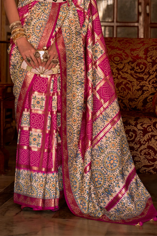 Strawberry Pink Digital Printed Zari Silk Saree With Blouse Piece