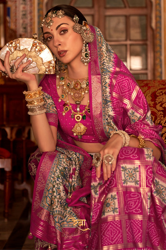 Strawberry Pink Digital Printed Zari Silk Saree With Blouse Piece