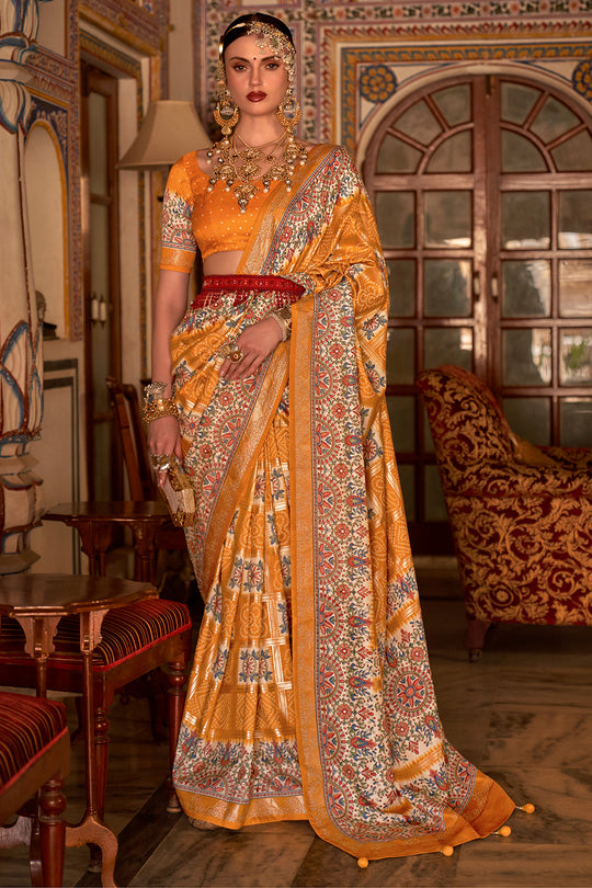 Hot Mustard Digital Printed Zari Silk Saree With Blouse Piece