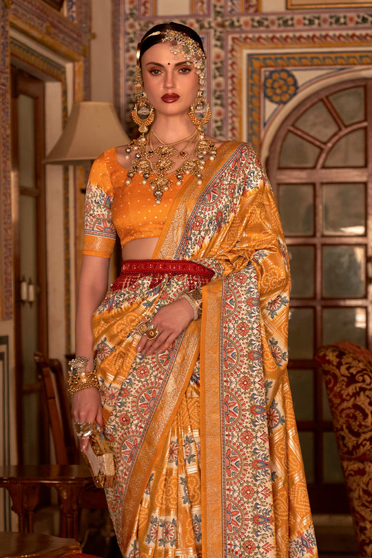 Hot Mustard Digital Printed Zari Silk Saree With Blouse Piece
