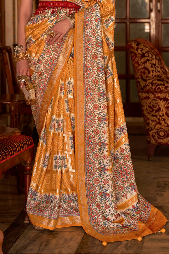Hot Mustard Digital Printed Zari Silk Saree With Blouse Piece