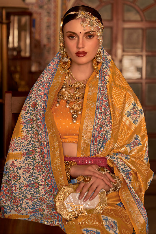 Hot Mustard Digital Printed Zari Silk Saree With Blouse Piece