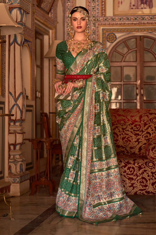Dark Green Digital Printed Zari Silk Saree With Blouse Piece